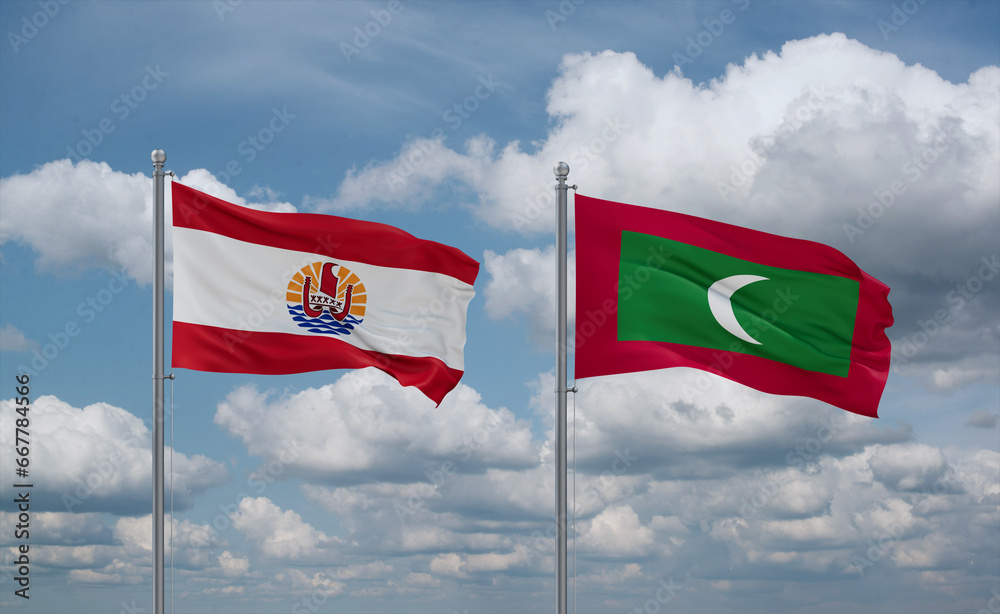 Maldives and French Polynesia flags, country relationship concept Maldives and French Polynesia flags, country relationship concept