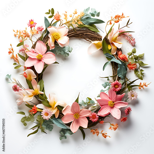 Beautiful colorful spring wreath in vintage style on white background