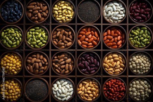 Birds eye view of diverse beans in small wooden containers
