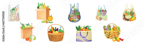 Shopping Bags and Box Full of Grocery Product and Purchase Vector Set