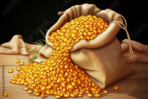 Corn grains in a sack, presented with a realistic cartoon flair photo