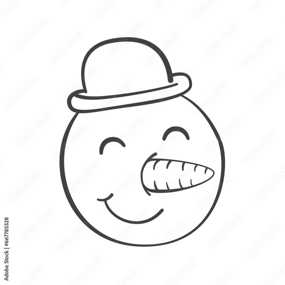 Snowman with carrot nose. Christmas outline illustration, icon, coloring page or line art Snowman with carrot nose. Christmas outline illustration, icon, coloring page or line art