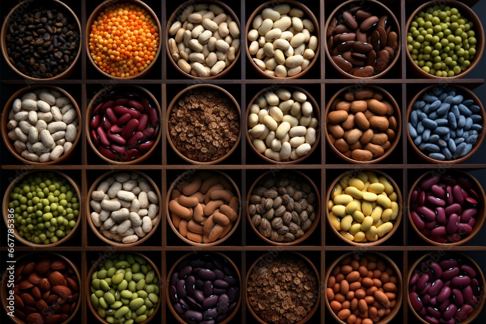 Different beans in small wooden containers, viewed from the top