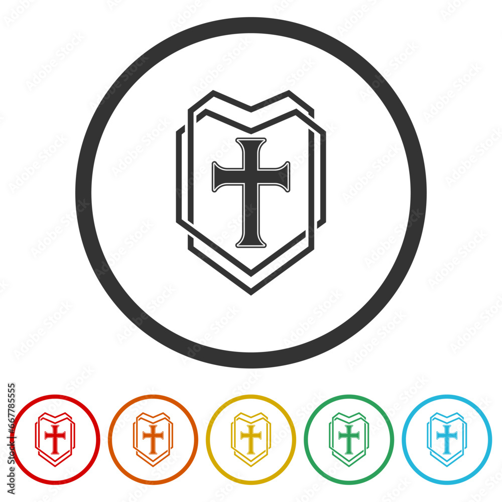 Obraz premium Christian cross and shield of faith icon. Set icons in color circle buttons