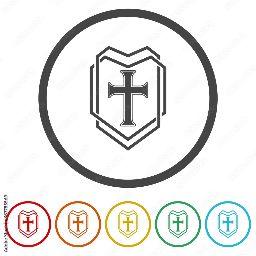 Christian cross and shield of faith icon. Set icons in color circle buttons Christian cross and shield of faith icon. Set icons in color circle buttons