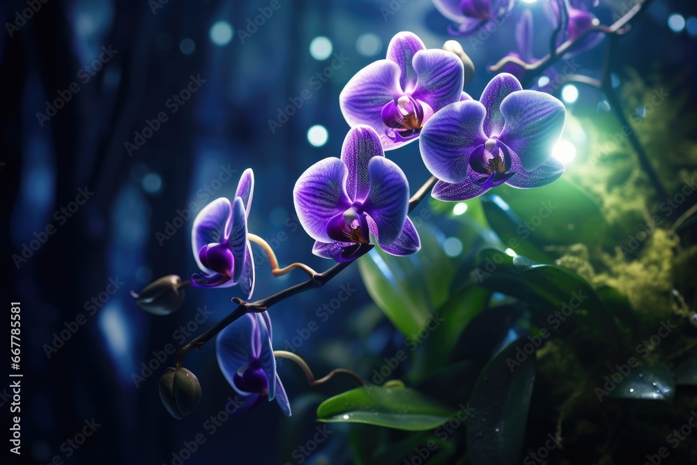  a close up of a purple flower on a branch in a forest.  generative ai - obrazy, fototapety, plakaty 