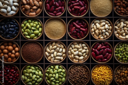 Diverse beans creatively presented in tiny wooden containers from above