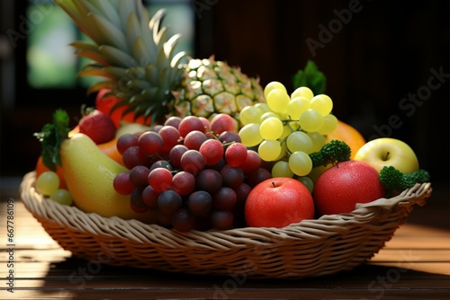 Fresh fruits in a charming basket  adorning a natural wood surface