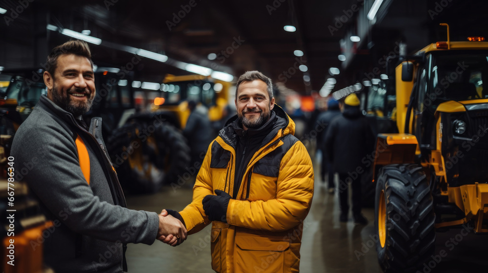 Two men shaking hands in front of construction machinery in the warehouse. Modern industrial plant or repairmen workshop.