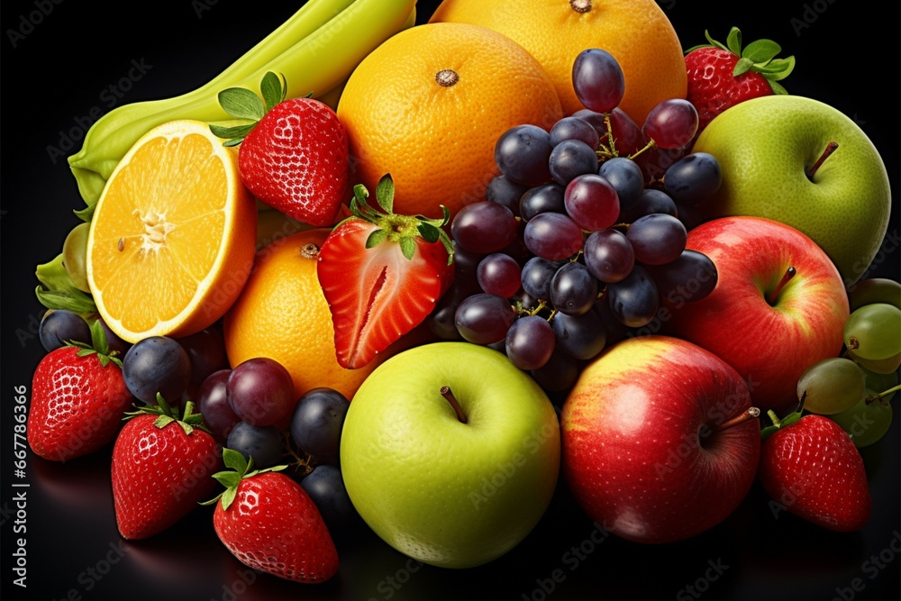 Fruits artfully arranged in a bunch, offering a visual treat Fruits artfully arranged in a bunch, offering a visual treat