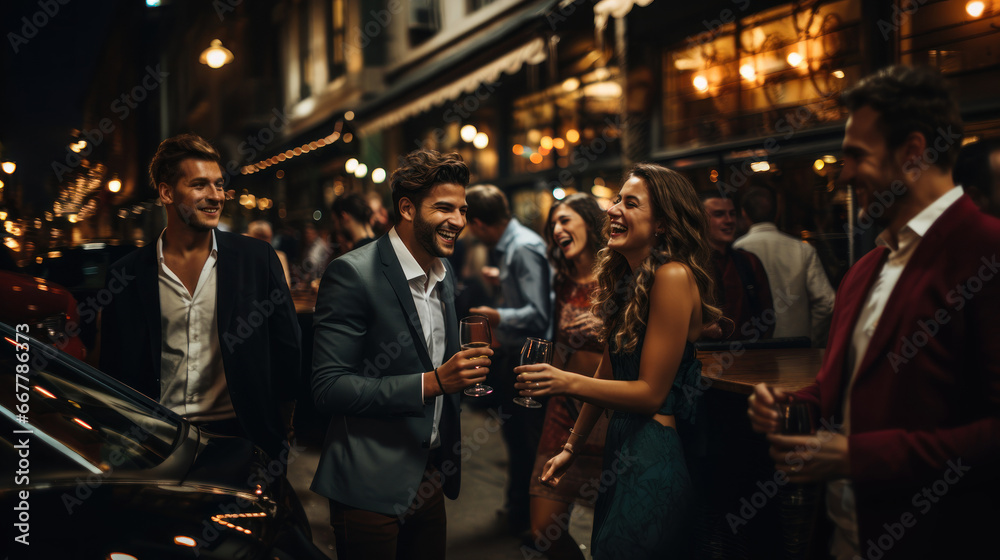 Obraz premium Group of people having fun on the street, drinking and talking. Friends having a good time on a weekend night.