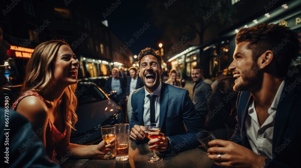 Group of business friends having fun on afterparty, drinking alcohol and laughing outdoor at night. Group of business friends having fun on afterparty, drinking alcohol and laughing outdoor at night.