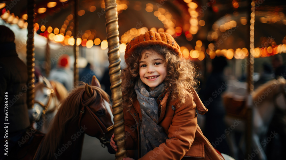 Cute little girl with long curly hair in a brown coat and hat rides on a merry go round.