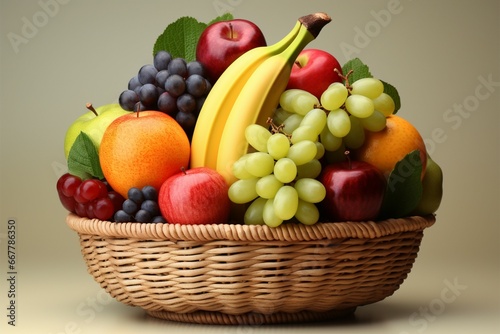Fruits arranged within a basket, with a soothing, pale background
