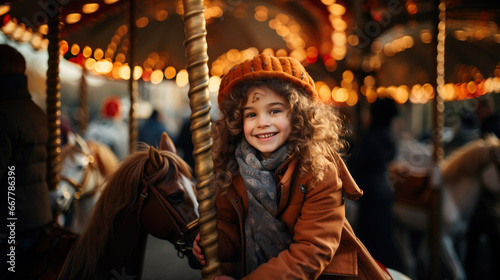 Cute little girl with long curly hair in a brown coat and hat rides on a merry go round.