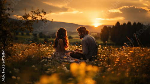 Couple sitting on the grass romantic picnic in the meadow at sunset.