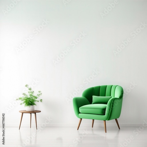 Living room has a green armchair on empty white color wall background  Generative AI
