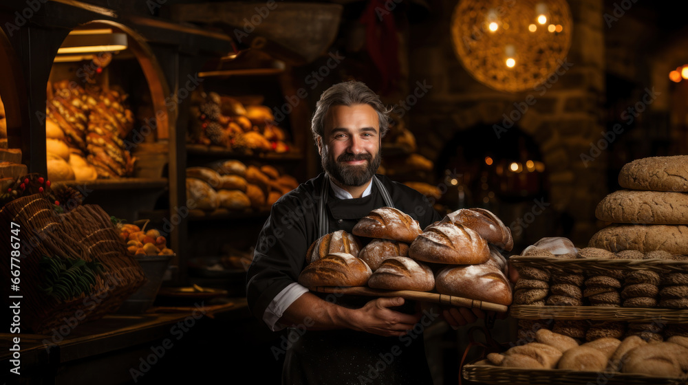 Portrait of a baker holding a tray of bread in a bakery.