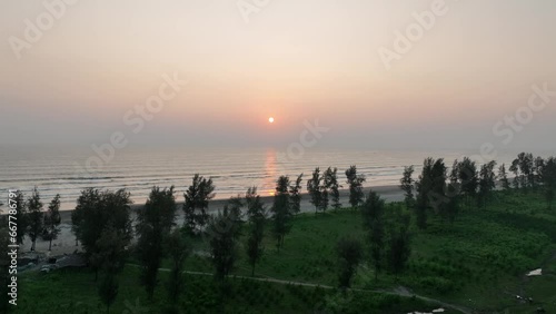 Sunrise on the sea horizon aerial drone view, cox's bazar, bangladesh. 4k high quality photo