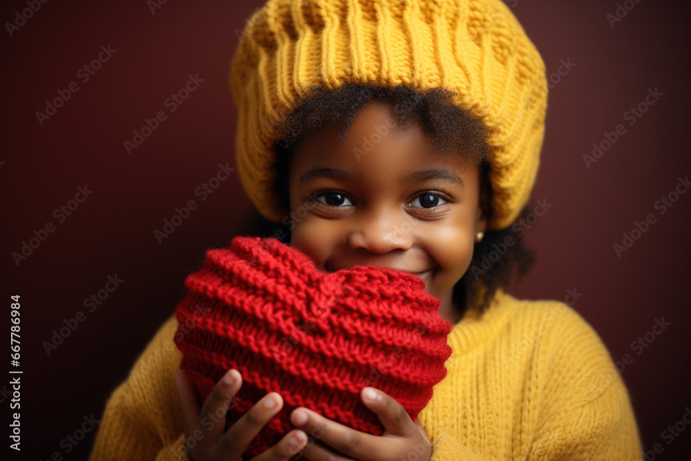 African-Ameri girl in sweater and red hat holds knitted hat heart toy ...