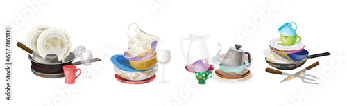 Dirty Dish and Kitchen Utensils Pile for Cleaning Vector Set