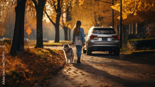 Young woman walking with her dog in the autumn park at sunset against car.