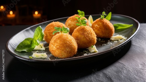 croquettes with bechamel and ham on the plate