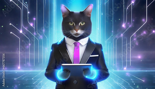 The cat in a business suit holds a tablet in his hands.