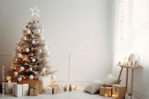 Decorated Christmas tree, inside the white living room. Generative AI