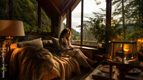 Curly young sexy woman resting on modern barn house in the mountains. Happy female tourist enjoying in new cottage in mountains.