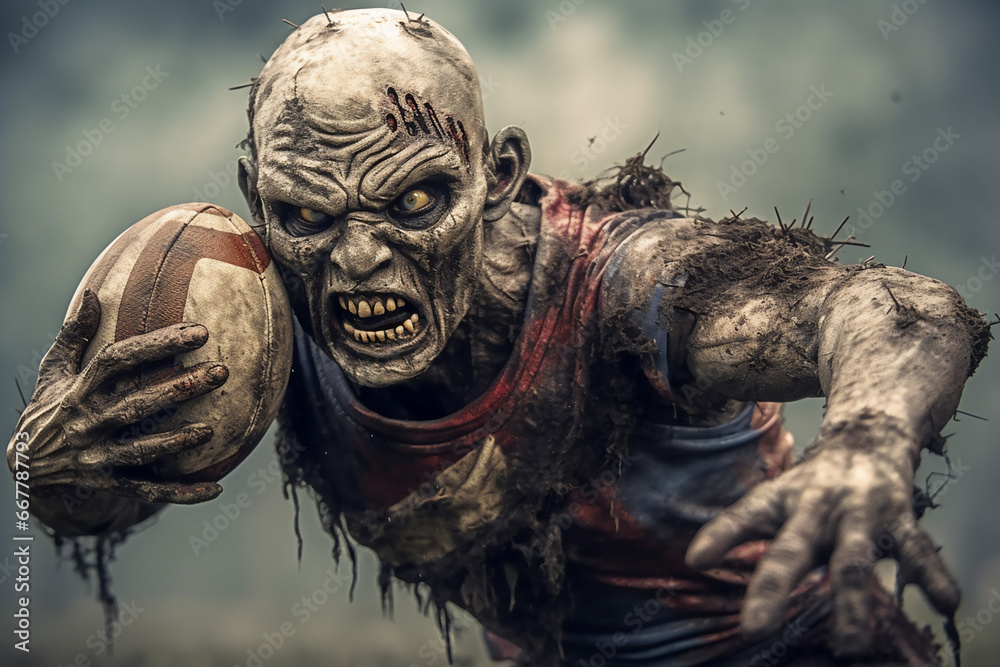 Zombie playing rugby with ball. Halloween concept. Horror film.