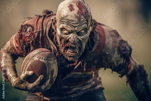Zombie playing rugby with ball. Halloween concept. Horror film.