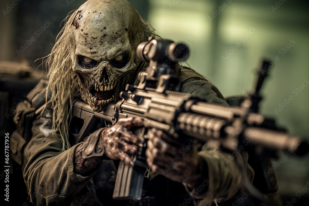 Zombie man holding a gun in his hand. Horror movie. Zombie man holding a gun in his hand. Horror movie.