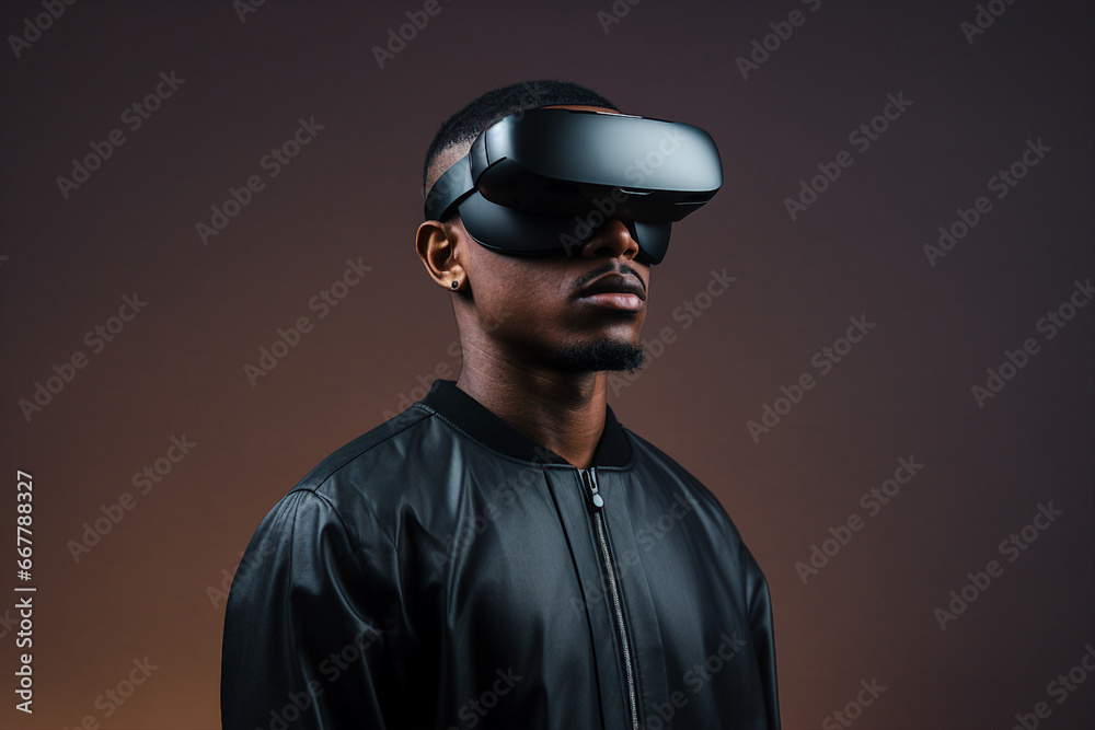 Excited person headset user wearing vr glasses watching surreal colorful fantasy world made with generative AI Excited person headset user wearing vr glasses watching surreal colorful fantasy world made with generative AI