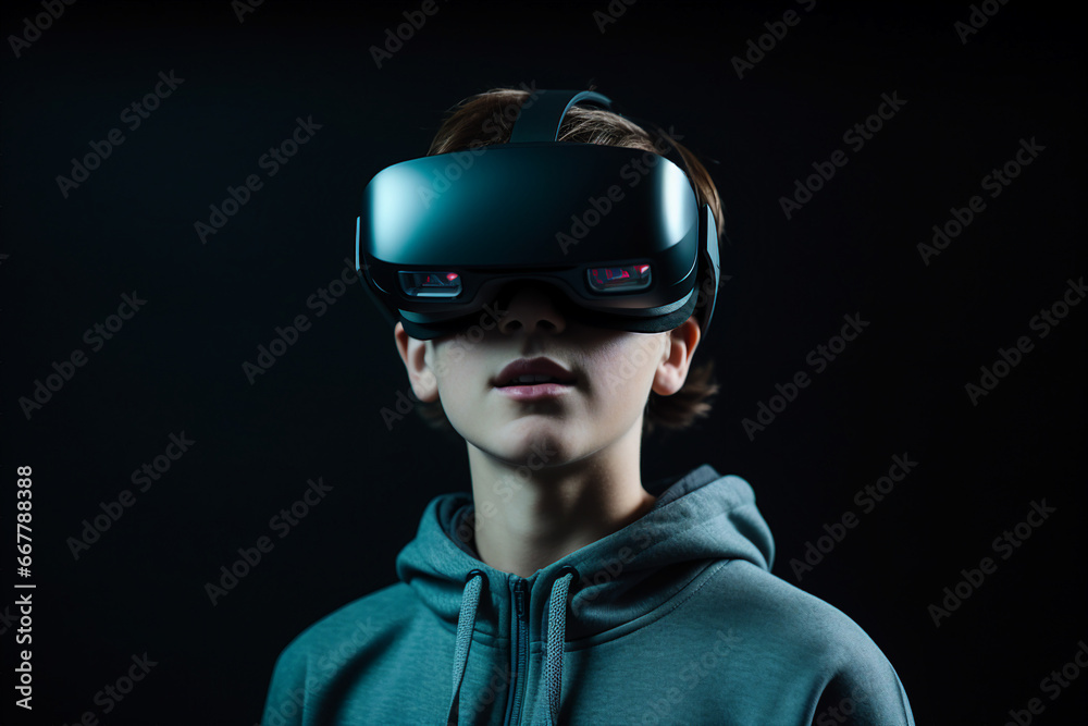 Image of headset user wearing vr glasses watching surreal colorful fantasy world generative AI concept Image of headset user wearing vr glasses watching surreal colorful fantasy world generative AI concept