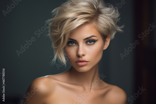 Generative AI picture of beautiful blonde woman fashion model after salon hairdresser procedure