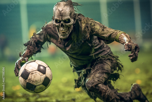 zombie playing football on the field, halloween concept. © soysuwan123