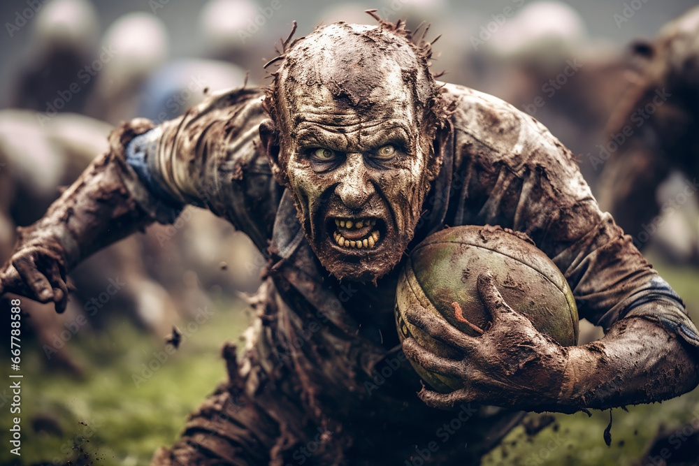 Portrait of Zombies playing rugby.