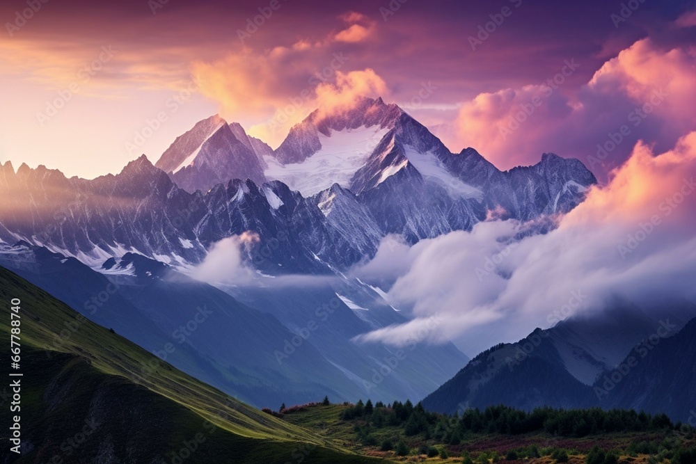 Stunning sunrise over Caucasus mountains in Georgia. Generative AI