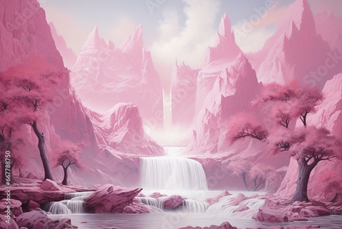 pink waterfall and mountains. Generative AI
