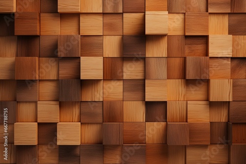 Wooden tiles on a timber background with a soft sheen. Square blocks create a 3D tile wallpaper effect. Generative AI