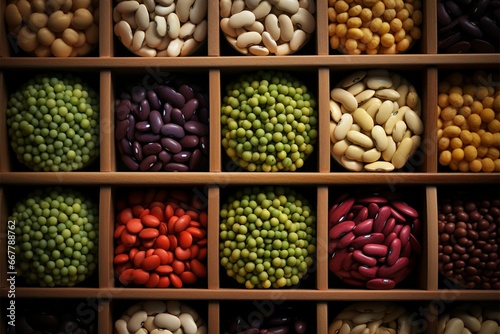 Various beans arranged in top view, organized within small wooden containers