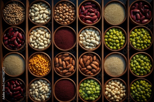 Various beans presented in top view, organized within small wooden forms