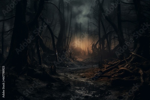 Spooky woods at night. Halloween-themed scenery. Generative AI