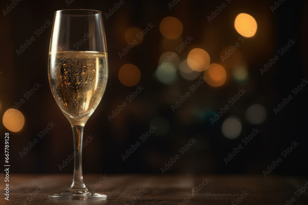 Glass of champagne on a table, with the background of Christmas lights. Generative AI Glass of champagne on a table, with the background of Christmas lights. Generative AI