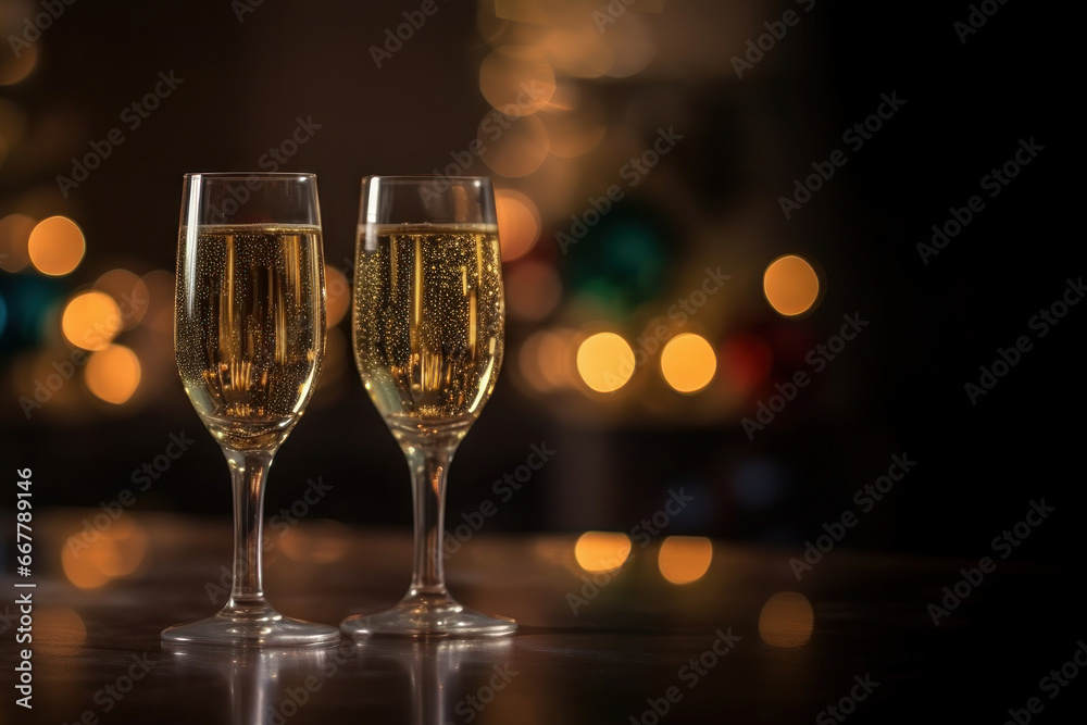 Two glasses of champagne on a table, with the background of Christmas lights. Generative AI Two glasses of champagne on a table, with the background of Christmas lights. Generative AI