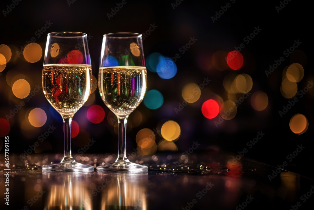 Two glasses of cava wine, on a glass table, with Christmas lights in the background. Generative AI Two glasses of cava wine, on a glass table, with Christmas lights in the background. Generative AI