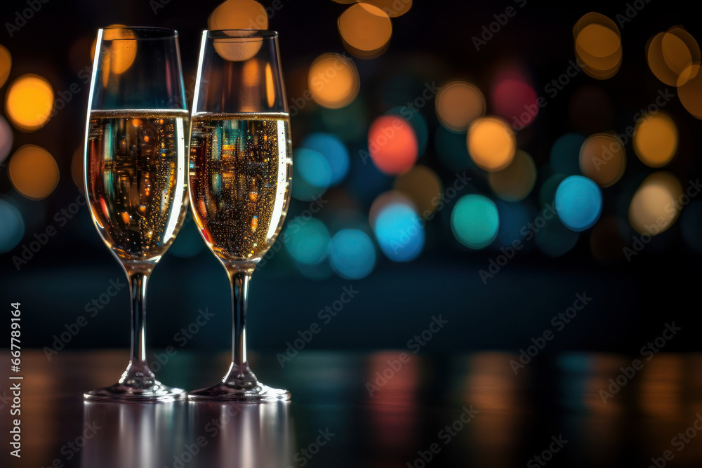 Two glasses of champagne on a table, with the background of Christmas lights. Generative AI Two glasses of champagne on a table, with the background of Christmas lights. Generative AI