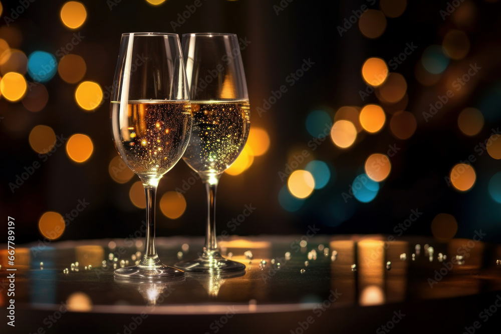 Two glasses of champagne on a table, with the background of Christmas lights. Generative AI Two glasses of champagne on a table, with the background of Christmas lights. Generative AI
