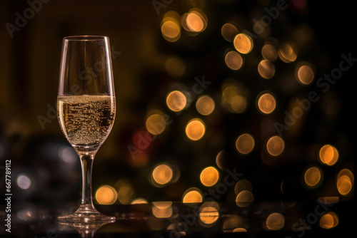 Glass of champagne on a glass table, with the background of Christmas lights. Generative AI